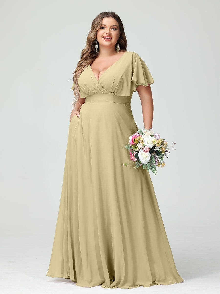 Plus Size Chiffon Bridesmaid Dresses with Pockets – A-Line/Princess V-Neck Short Sleeves