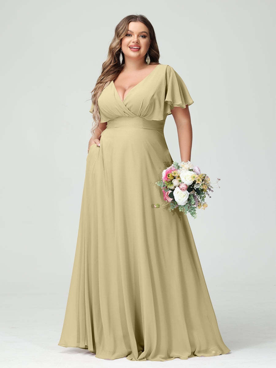 Plus Size Chiffon Bridesmaid Dresses with Pockets – A-Line/Princess V-Neck Short Sleeves