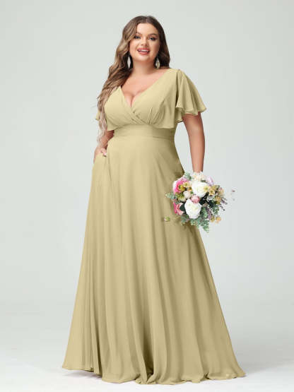 Plus Size Chiffon Bridesmaid Dresses with Pockets – A-Line/Princess V-Neck Short Sleeves