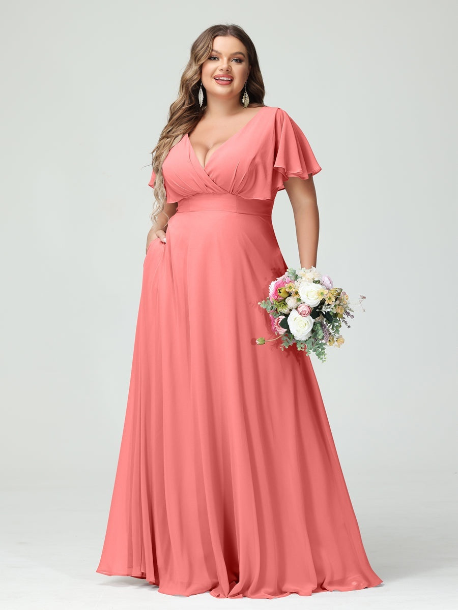 Plus Size Chiffon Bridesmaid Dresses with Pockets – A-Line/Princess V-Neck Short Sleeves