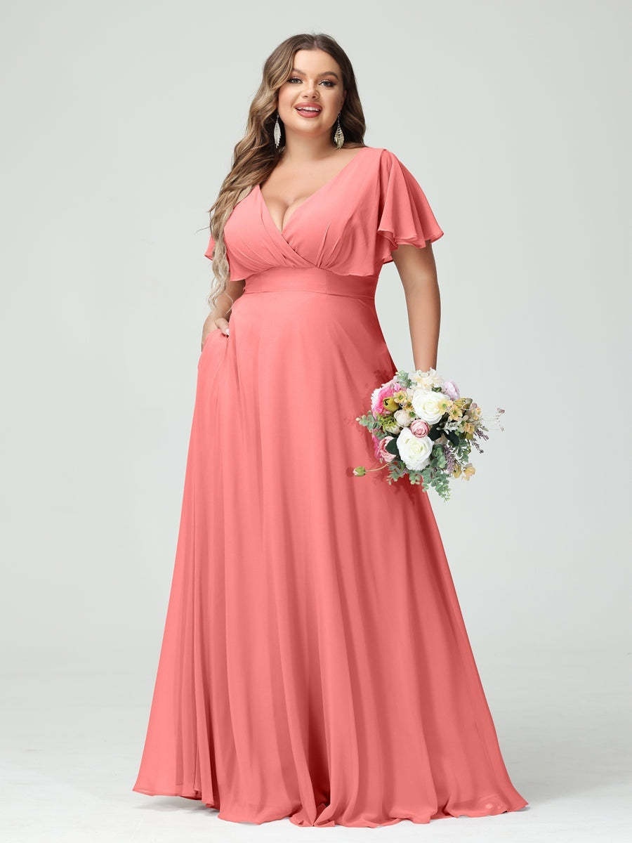 Plus Size Chiffon Bridesmaid Dresses with Pockets – A-Line/Princess V-Neck Short Sleeves