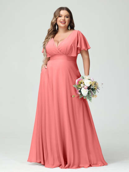 Plus Size Chiffon Bridesmaid Dresses with Pockets – A-Line/Princess V-Neck Short Sleeves