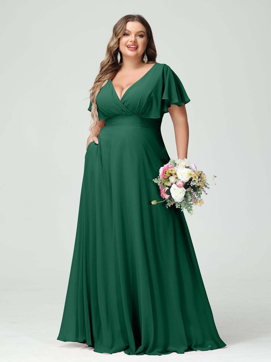 Plus Size Chiffon Bridesmaid Dresses with Pockets – A-Line/Princess V-Neck Short Sleeves