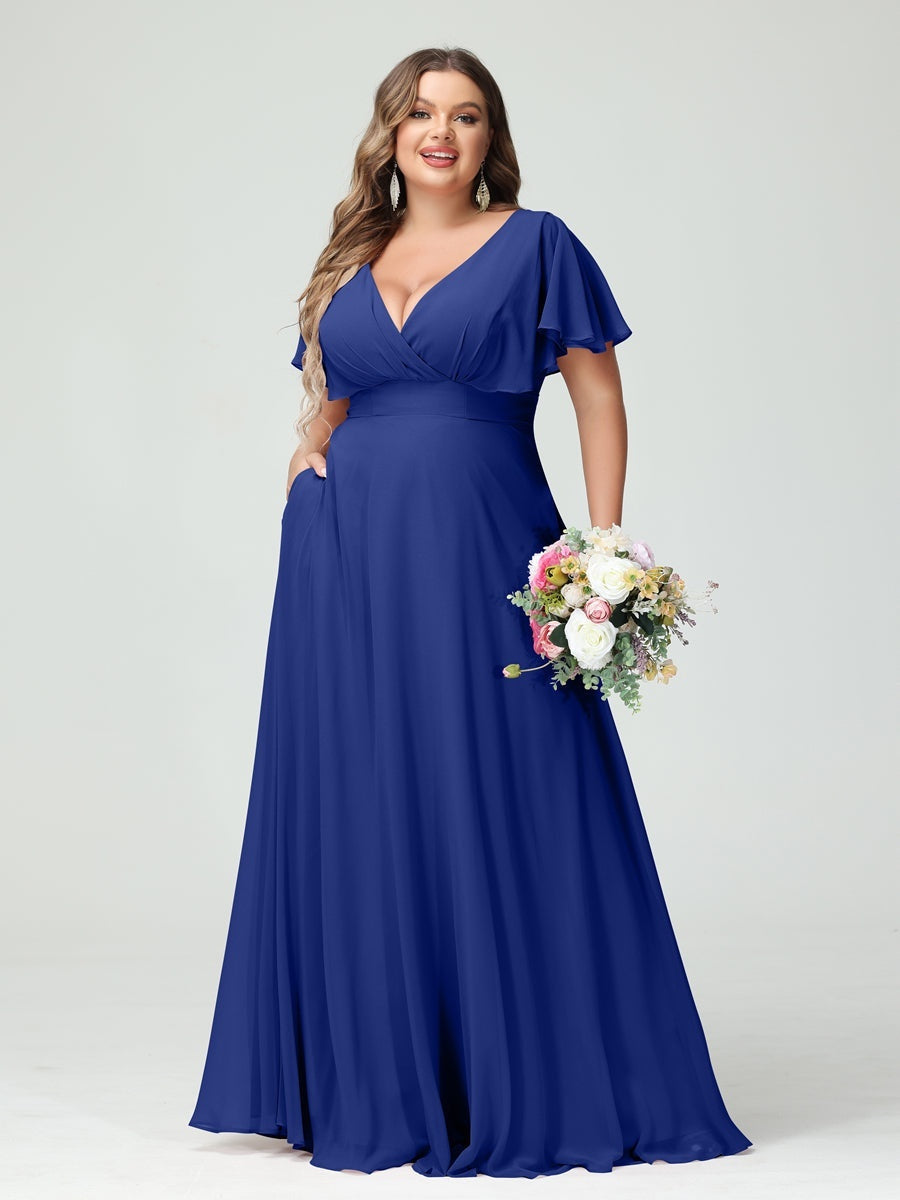 Plus Size Chiffon Bridesmaid Dresses with Pockets – A-Line/Princess V-Neck Short Sleeves