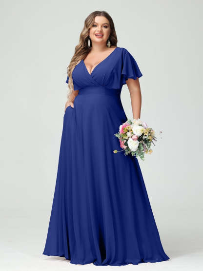Plus Size Chiffon Bridesmaid Dresses with Pockets – A-Line/Princess V-Neck Short Sleeves