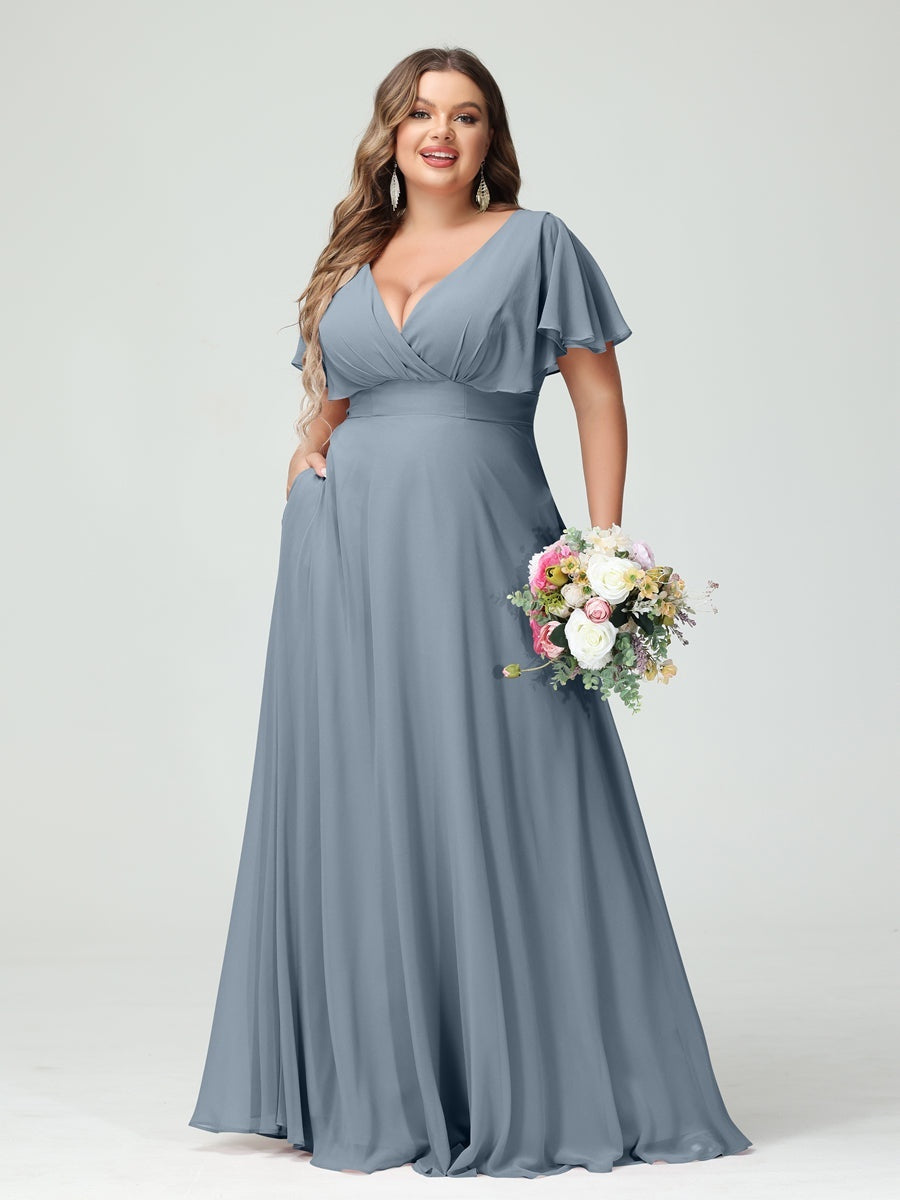 Plus Size Chiffon Bridesmaid Dresses with Pockets – A-Line/Princess V-Neck Short Sleeves