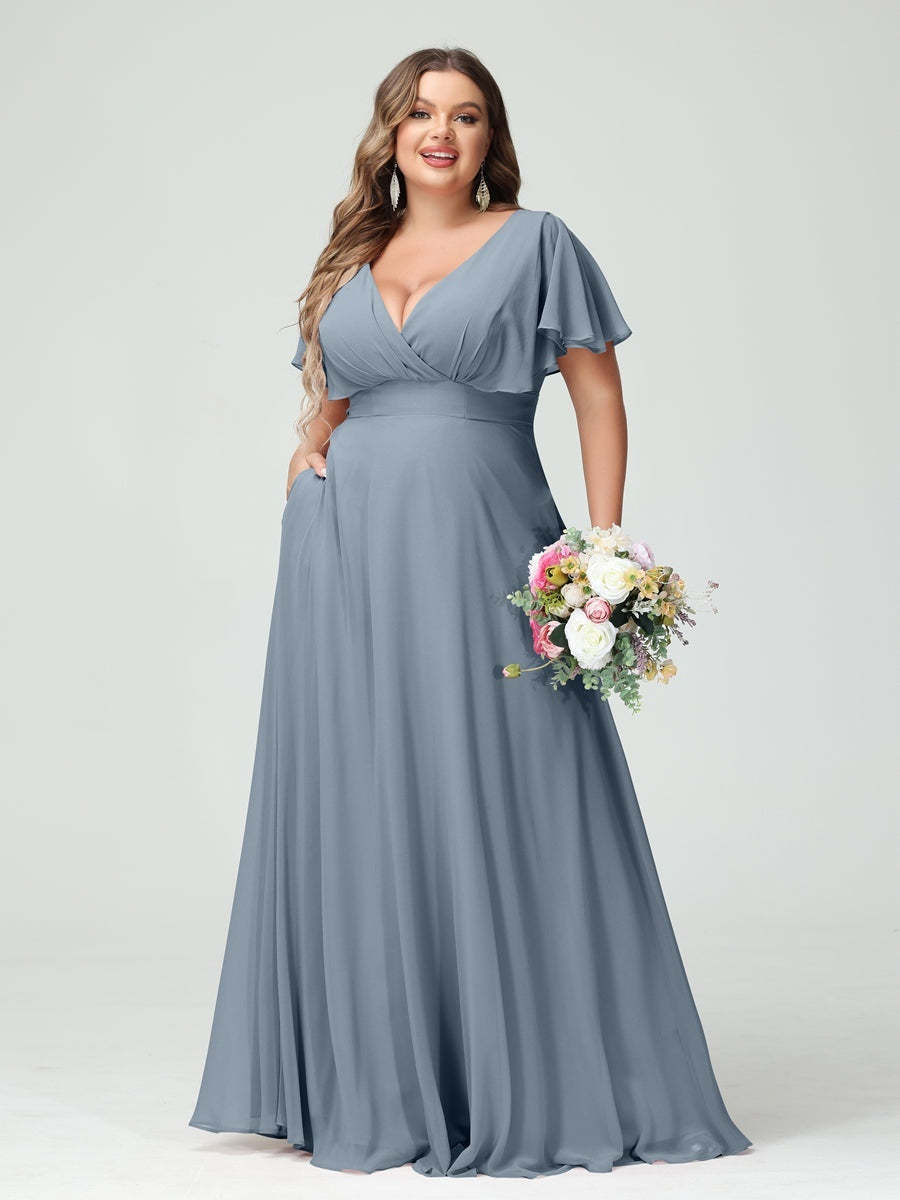 Plus Size Chiffon Bridesmaid Dresses with Pockets – A-Line/Princess V-Neck Short Sleeves