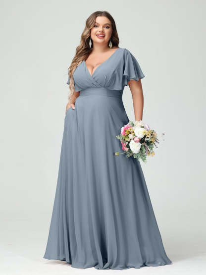 Plus Size Chiffon Bridesmaid Dresses with Pockets – A-Line/Princess V-Neck Short Sleeves