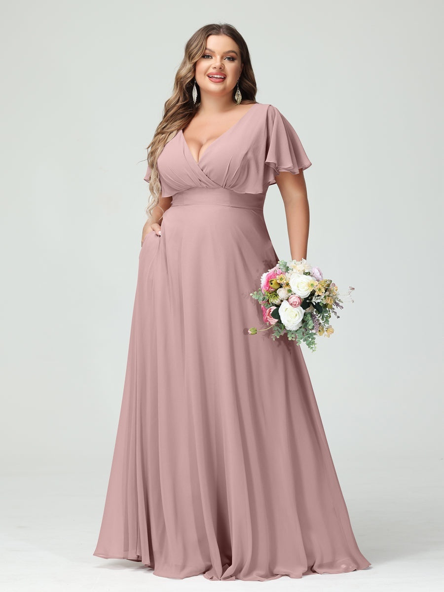 Plus Size Chiffon Bridesmaid Dresses with Pockets – A-Line/Princess V-Neck Short Sleeves
