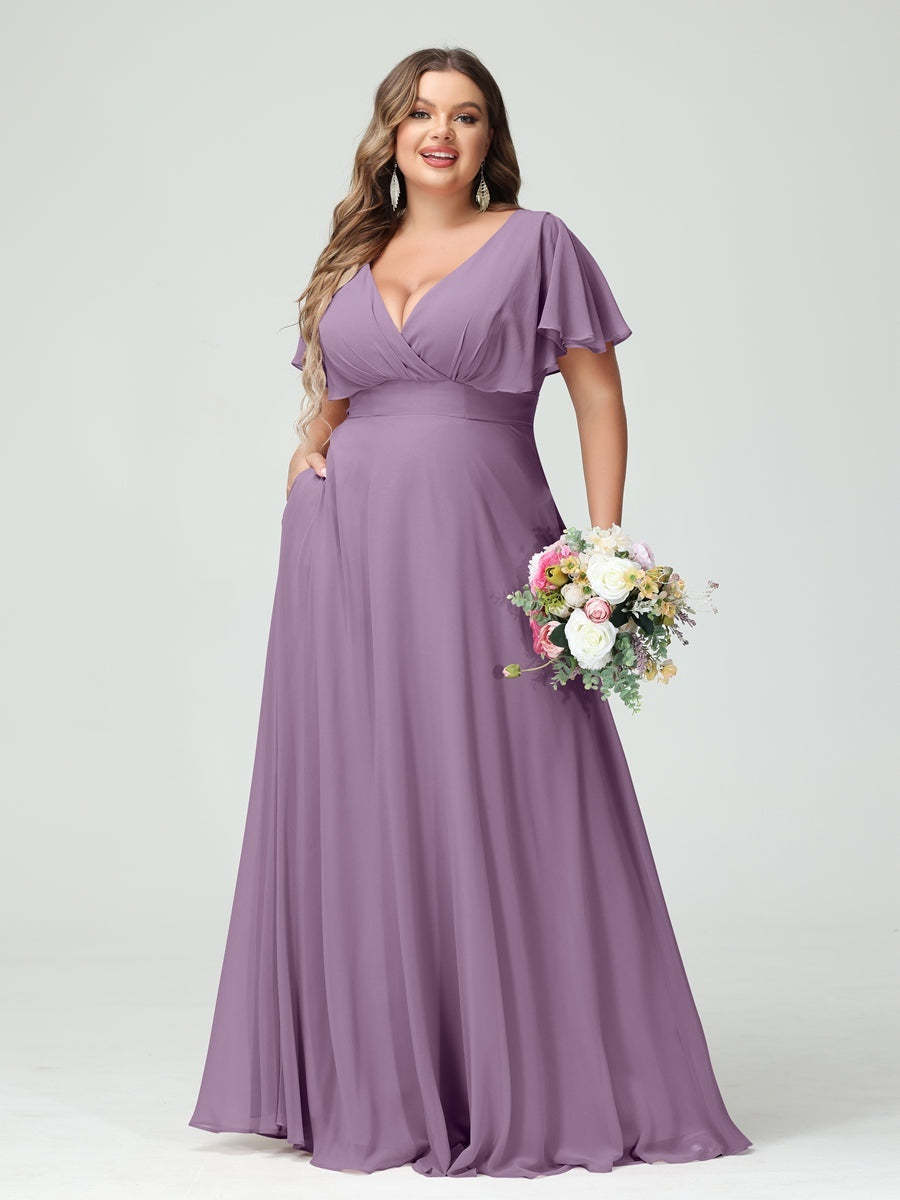 Plus Size Chiffon Bridesmaid Dresses with Pockets – A-Line/Princess V-Neck Short Sleeves