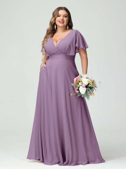 Plus Size Chiffon Bridesmaid Dresses with Pockets – A-Line/Princess V-Neck Short Sleeves
