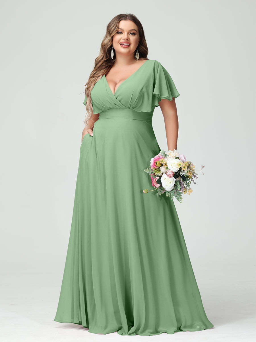 Plus Size Chiffon Bridesmaid Dresses with Pockets – A-Line/Princess V-Neck Short Sleeves