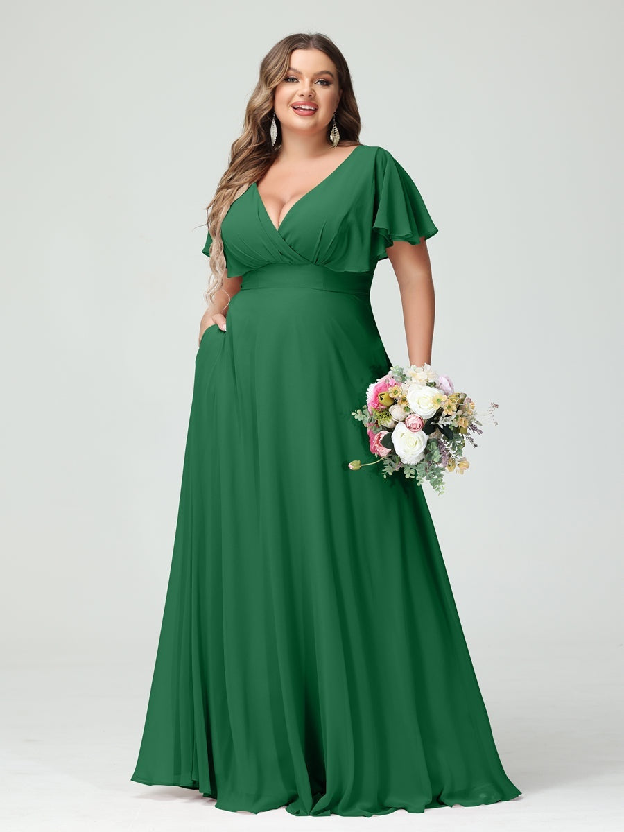 Plus Size Chiffon Bridesmaid Dresses with Pockets – A-Line/Princess V-Neck Short Sleeves