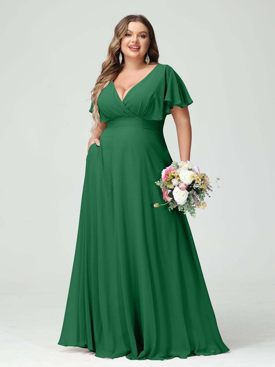 Plus Size Chiffon Bridesmaid Dresses with Pockets – A-Line/Princess V-Neck Short Sleeves