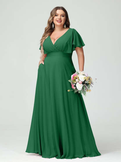 Plus Size Chiffon Bridesmaid Dresses with Pockets – A-Line/Princess V-Neck Short Sleeves