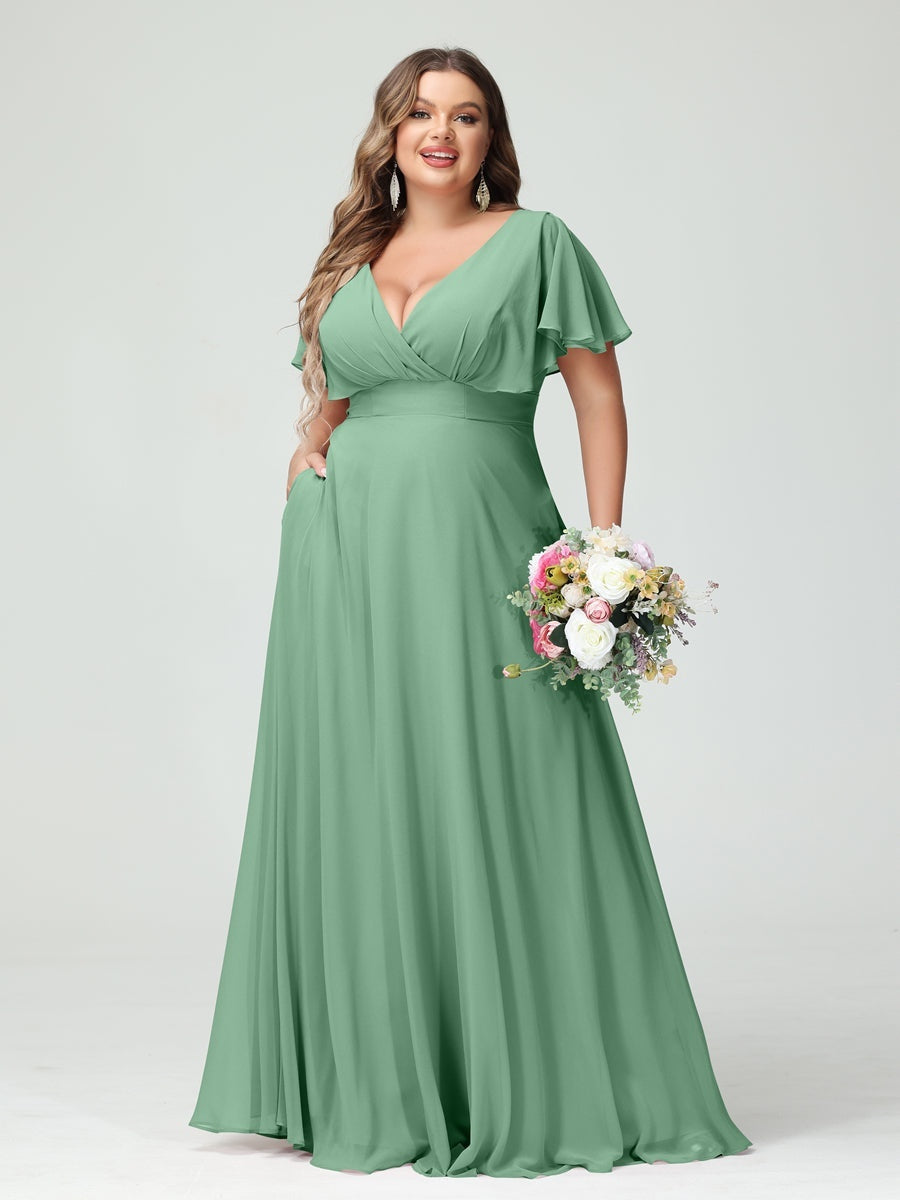 Plus Size Chiffon Bridesmaid Dresses with Pockets – A-Line/Princess V-Neck Short Sleeves