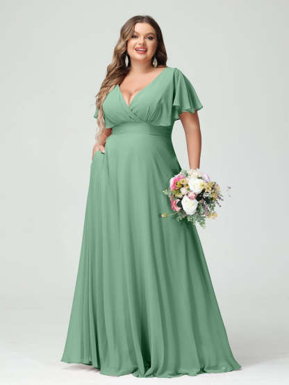 Plus Size Chiffon Bridesmaid Dresses with Pockets – A-Line/Princess V-Neck Short Sleeves