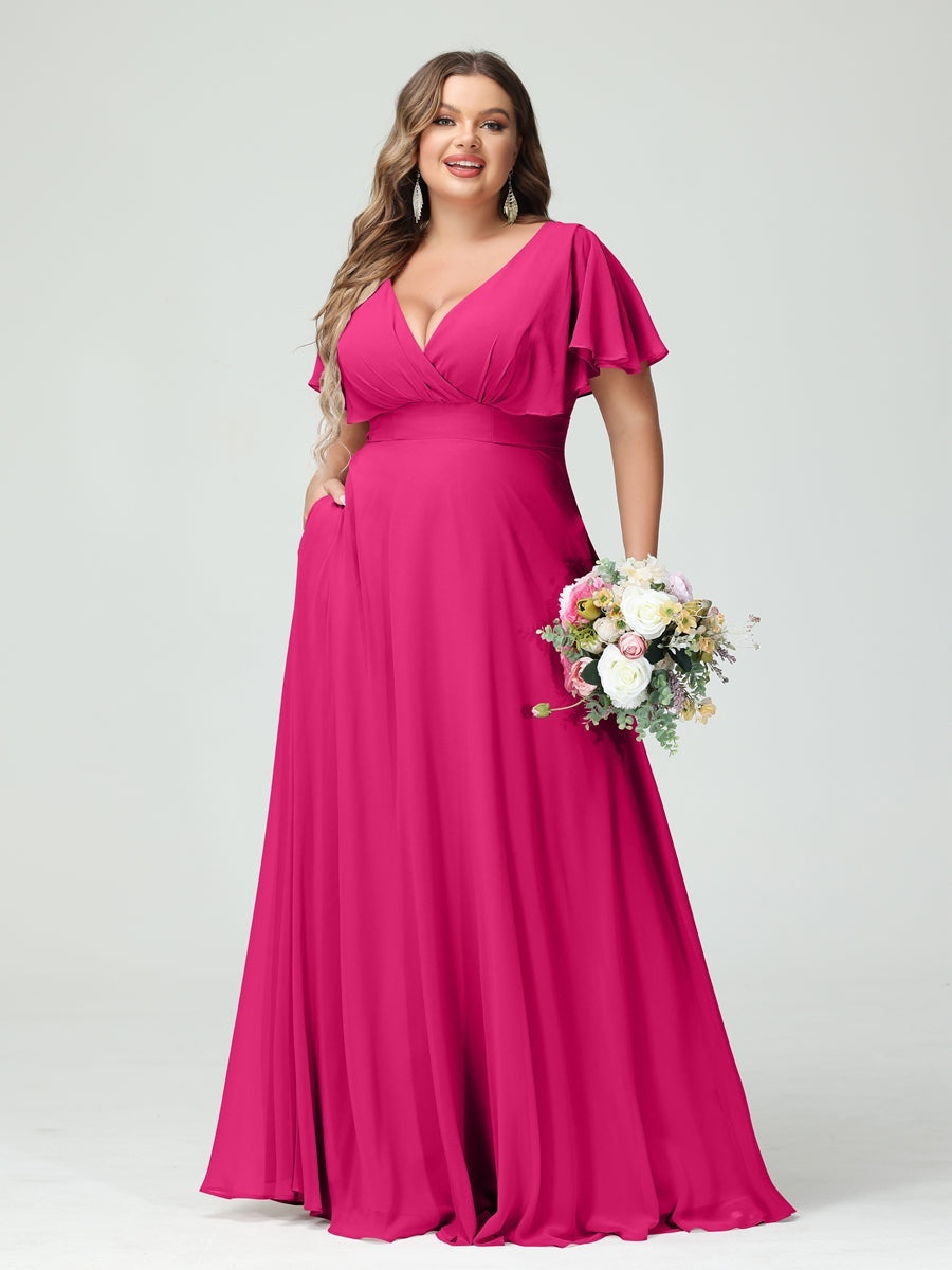 Plus Size Chiffon Bridesmaid Dresses with Pockets – A-Line/Princess V-Neck Short Sleeves