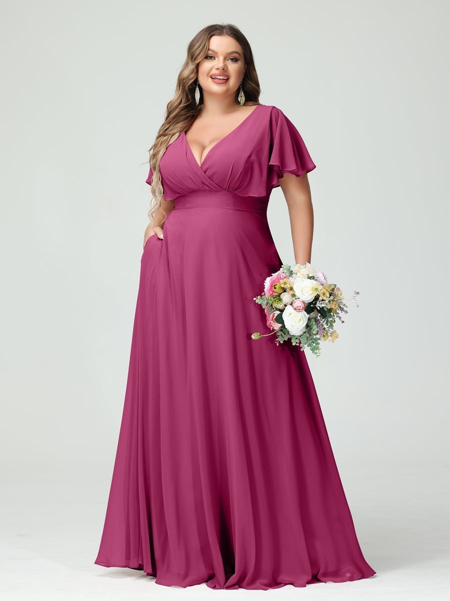 Plus Size Chiffon Bridesmaid Dresses with Pockets – A-Line/Princess V-Neck Short Sleeves