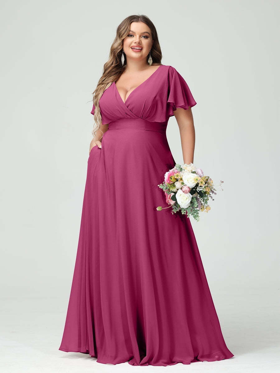 Plus Size Chiffon Bridesmaid Dresses with Pockets – A-Line/Princess V-Neck Short Sleeves