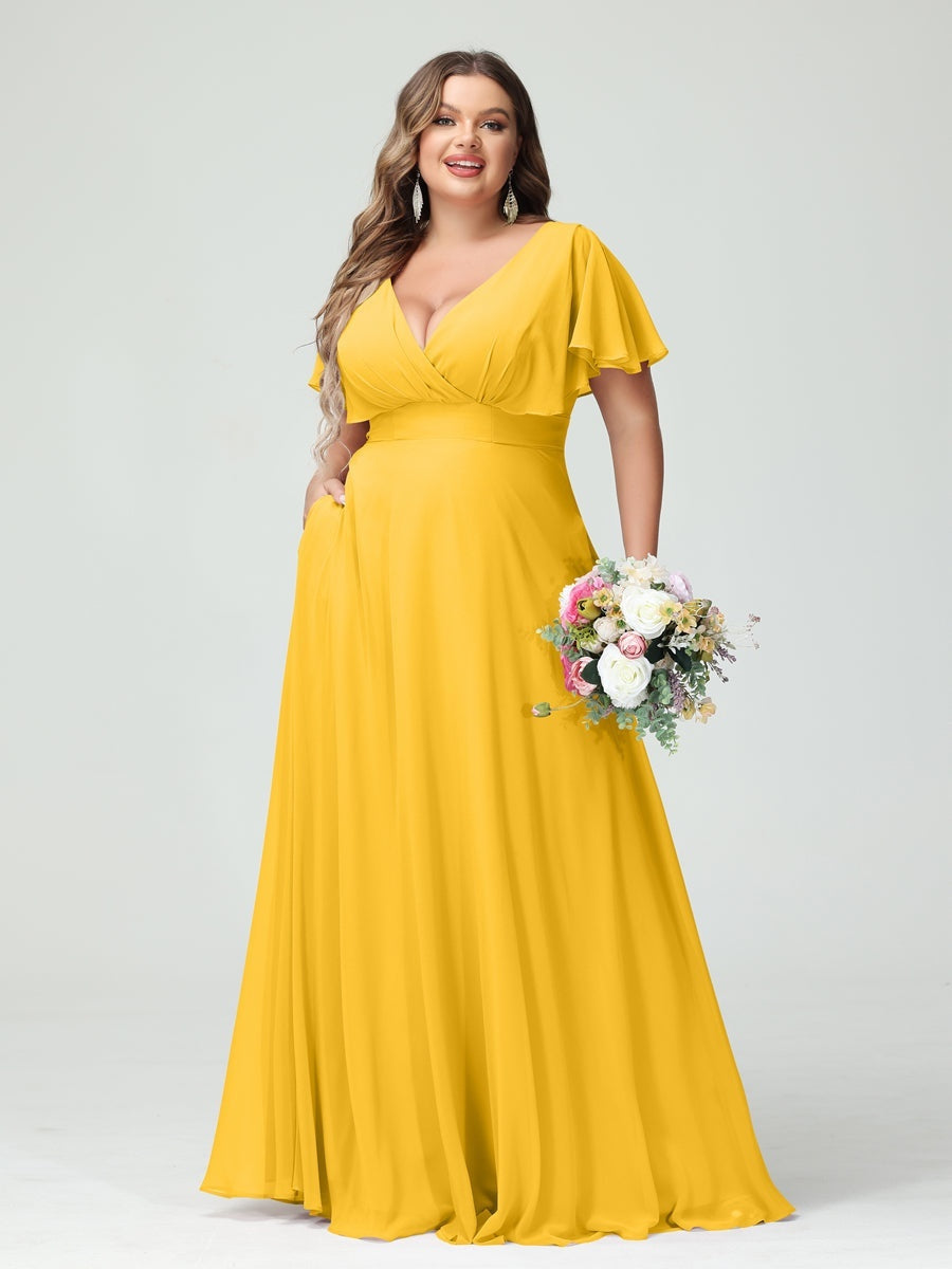 Plus Size Chiffon Bridesmaid Dresses with Pockets – A-Line/Princess V-Neck Short Sleeves