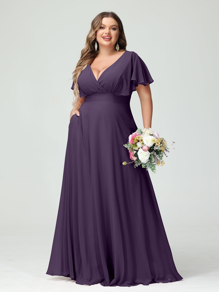 Plus Size Chiffon Bridesmaid Dresses with Pockets – A-Line/Princess V-Neck Short Sleeves