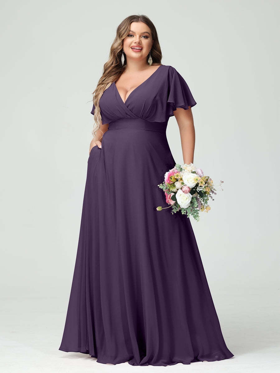 Plus Size Chiffon Bridesmaid Dresses with Pockets – A-Line/Princess V-Neck Short Sleeves