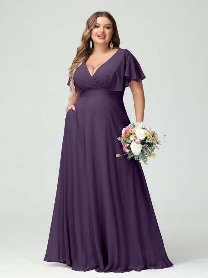 Plus Size Chiffon Bridesmaid Dresses with Pockets – A-Line/Princess V-Neck Short Sleeves