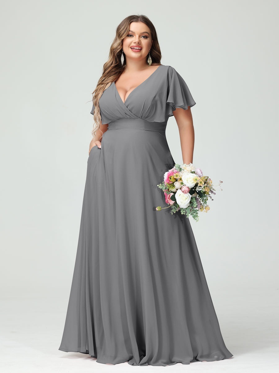 Plus Size Chiffon Bridesmaid Dresses with Pockets – A-Line/Princess V-Neck Short Sleeves