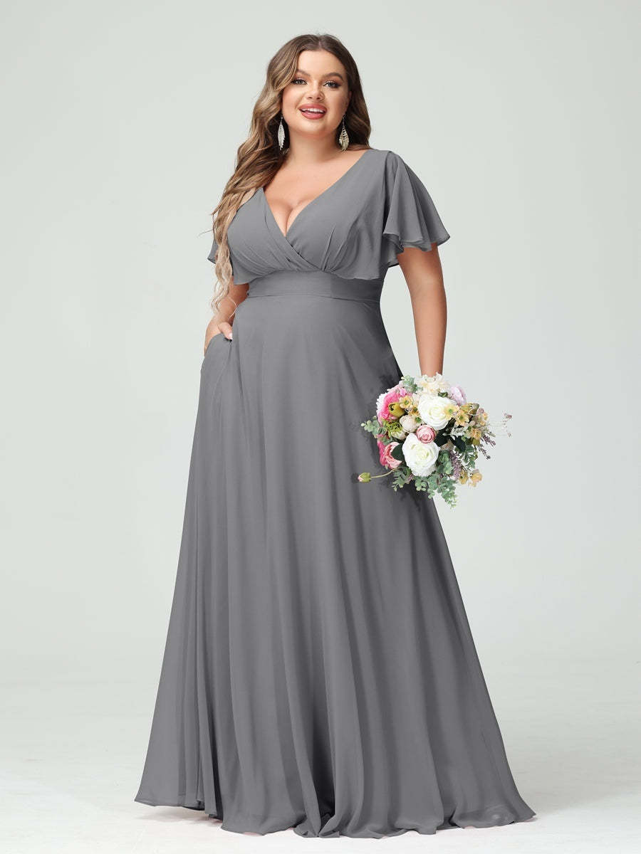 Plus Size Chiffon Bridesmaid Dresses with Pockets – A-Line/Princess V-Neck Short Sleeves