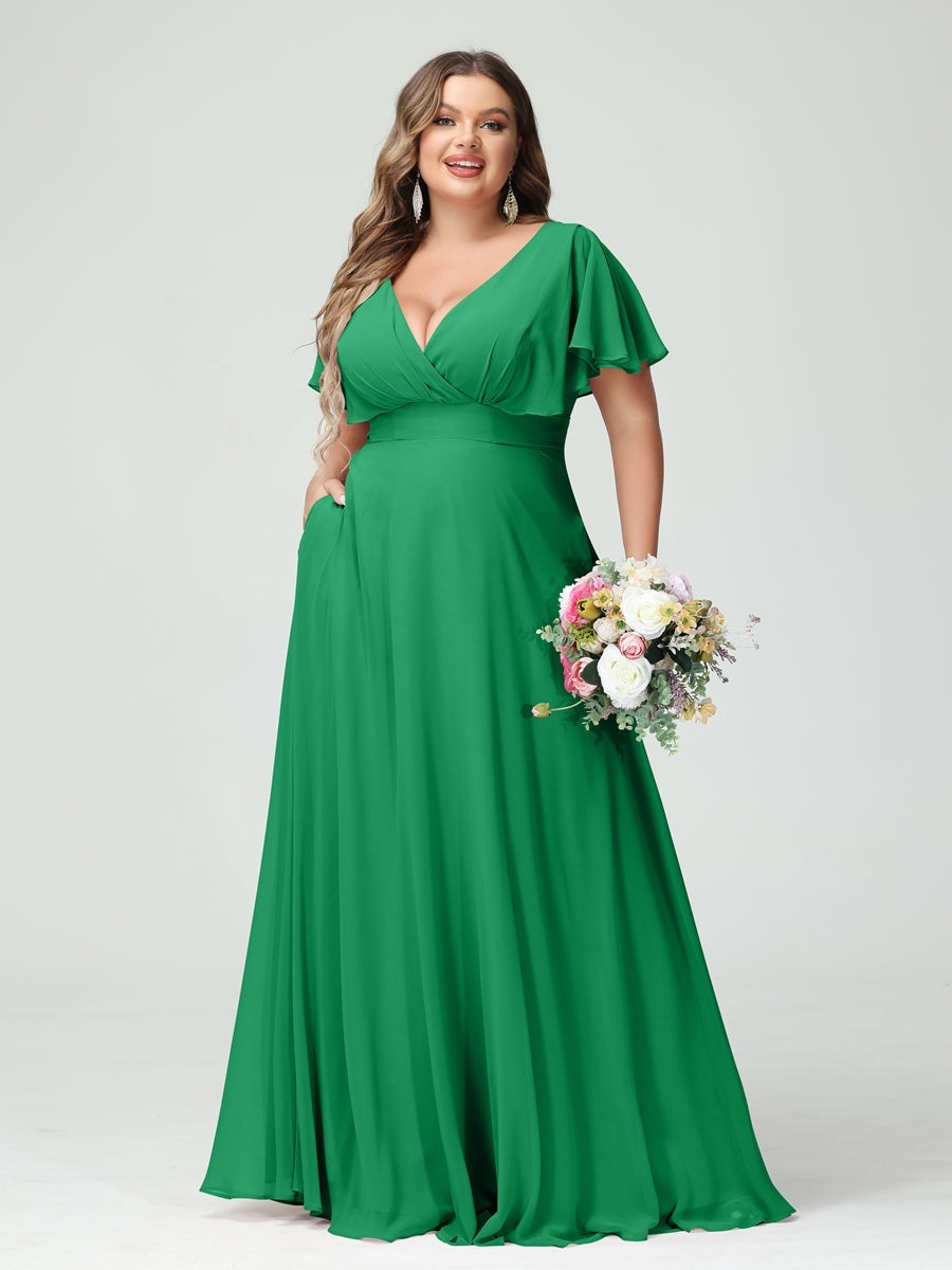 Plus Size Chiffon Bridesmaid Dresses with Pockets – A-Line/Princess V-Neck Short Sleeves