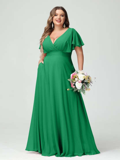Plus Size Chiffon Bridesmaid Dresses with Pockets – A-Line/Princess V-Neck Short Sleeves