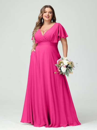 Plus Size Chiffon Bridesmaid Dresses with Pockets – A-Line/Princess V-Neck Short Sleeves