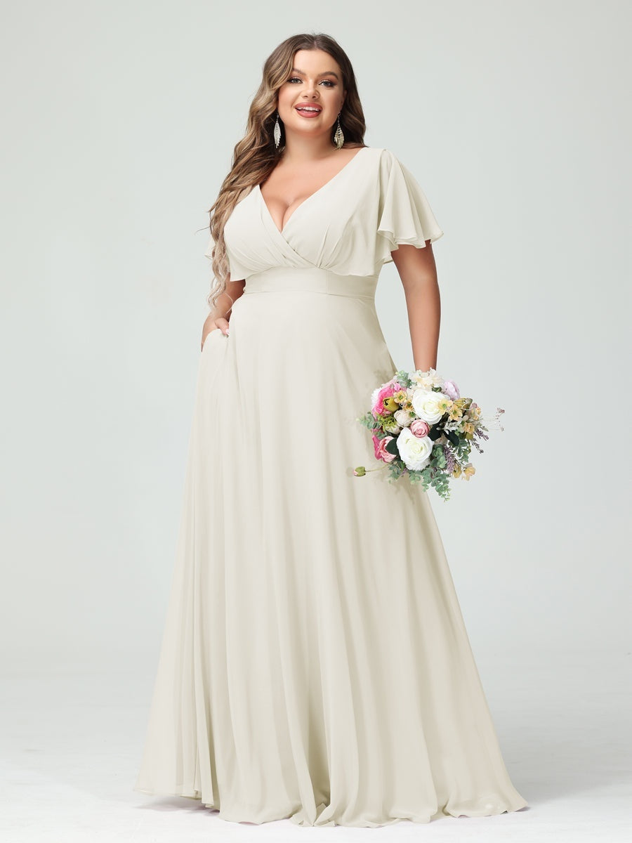 Plus Size Chiffon Bridesmaid Dresses with Pockets – A-Line/Princess V-Neck Short Sleeves