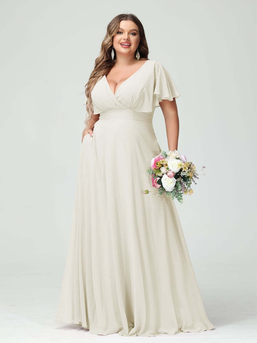 Plus Size Chiffon Bridesmaid Dresses with Pockets – A-Line/Princess V-Neck Short Sleeves