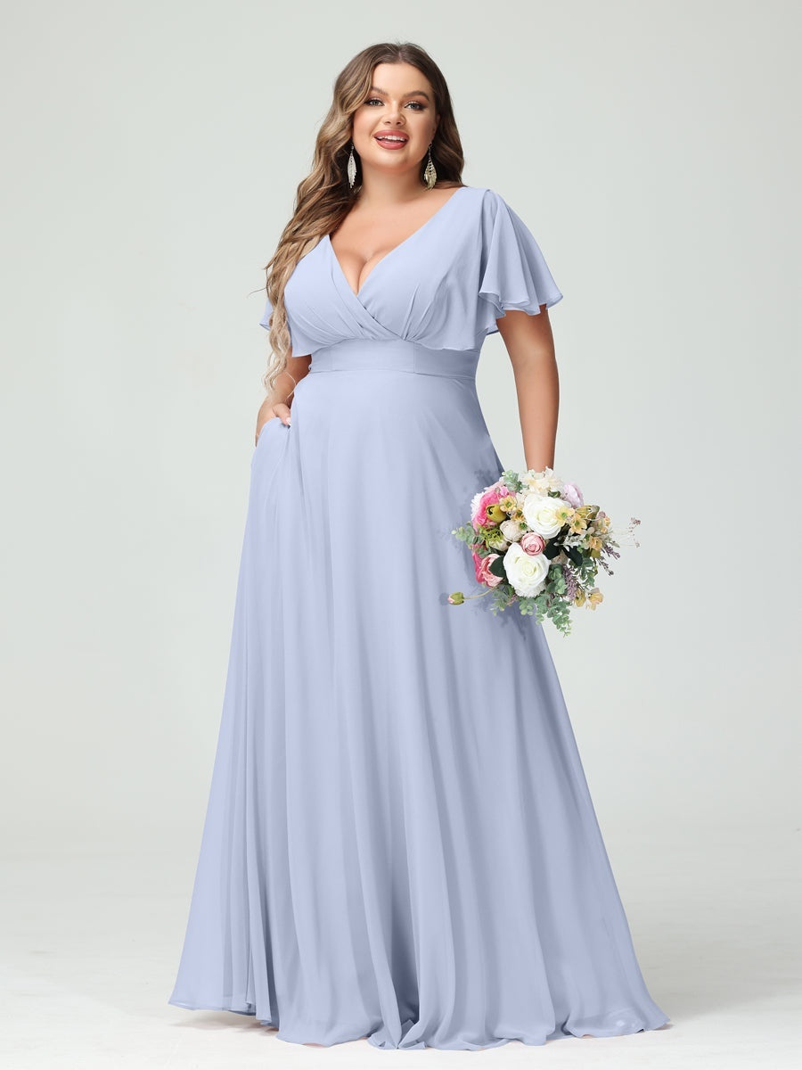 Plus Size Chiffon Bridesmaid Dresses with Pockets – A-Line/Princess V-Neck Short Sleeves