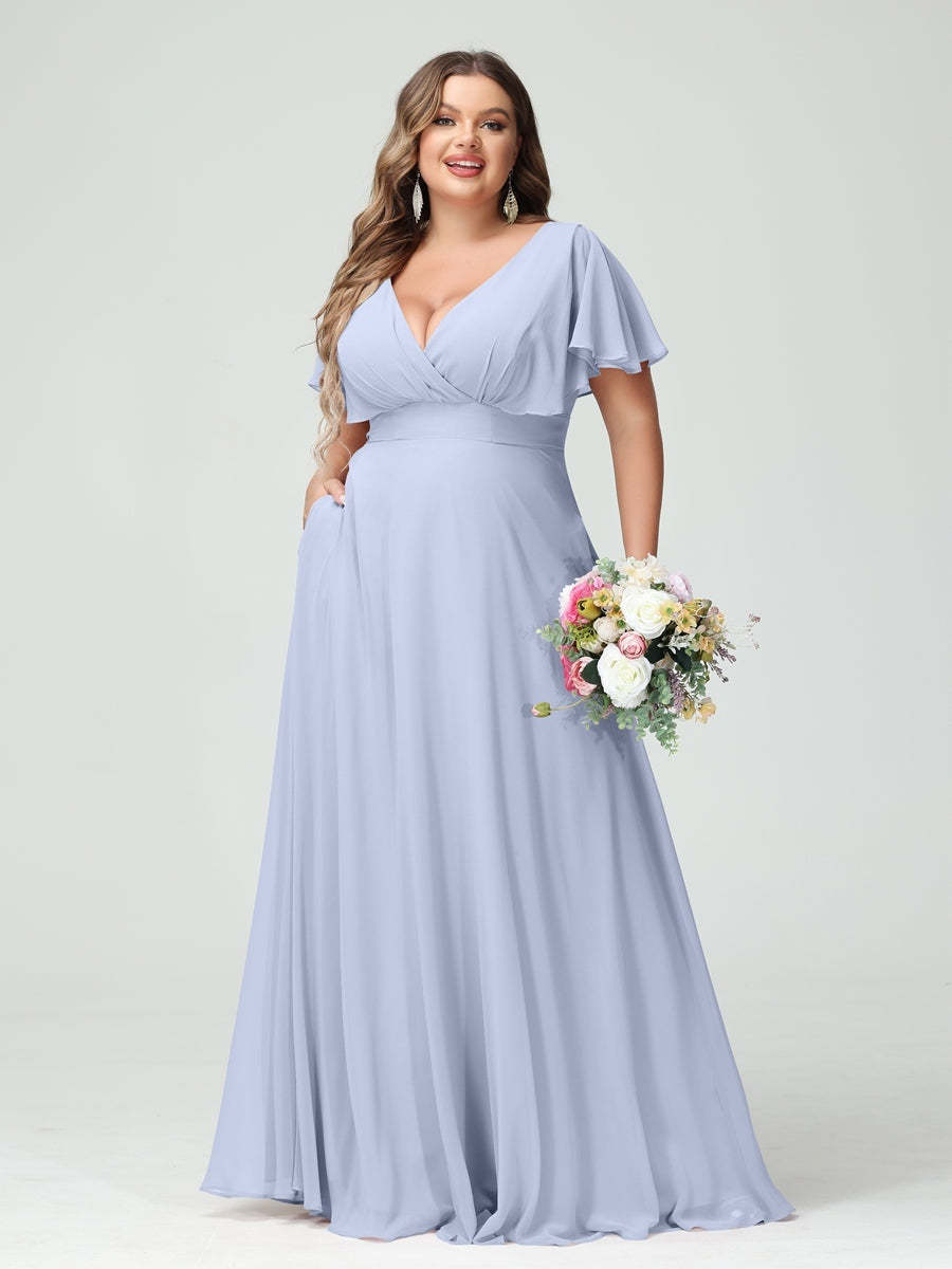 Plus Size Chiffon Bridesmaid Dresses with Pockets – A-Line/Princess V-Neck Short Sleeves