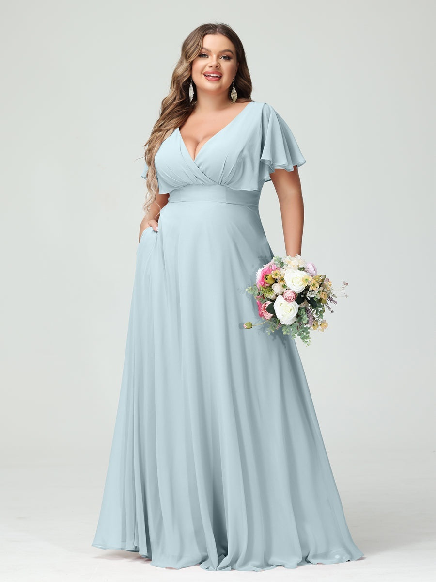 Plus Size Chiffon Bridesmaid Dresses with Pockets – A-Line/Princess V-Neck Short Sleeves