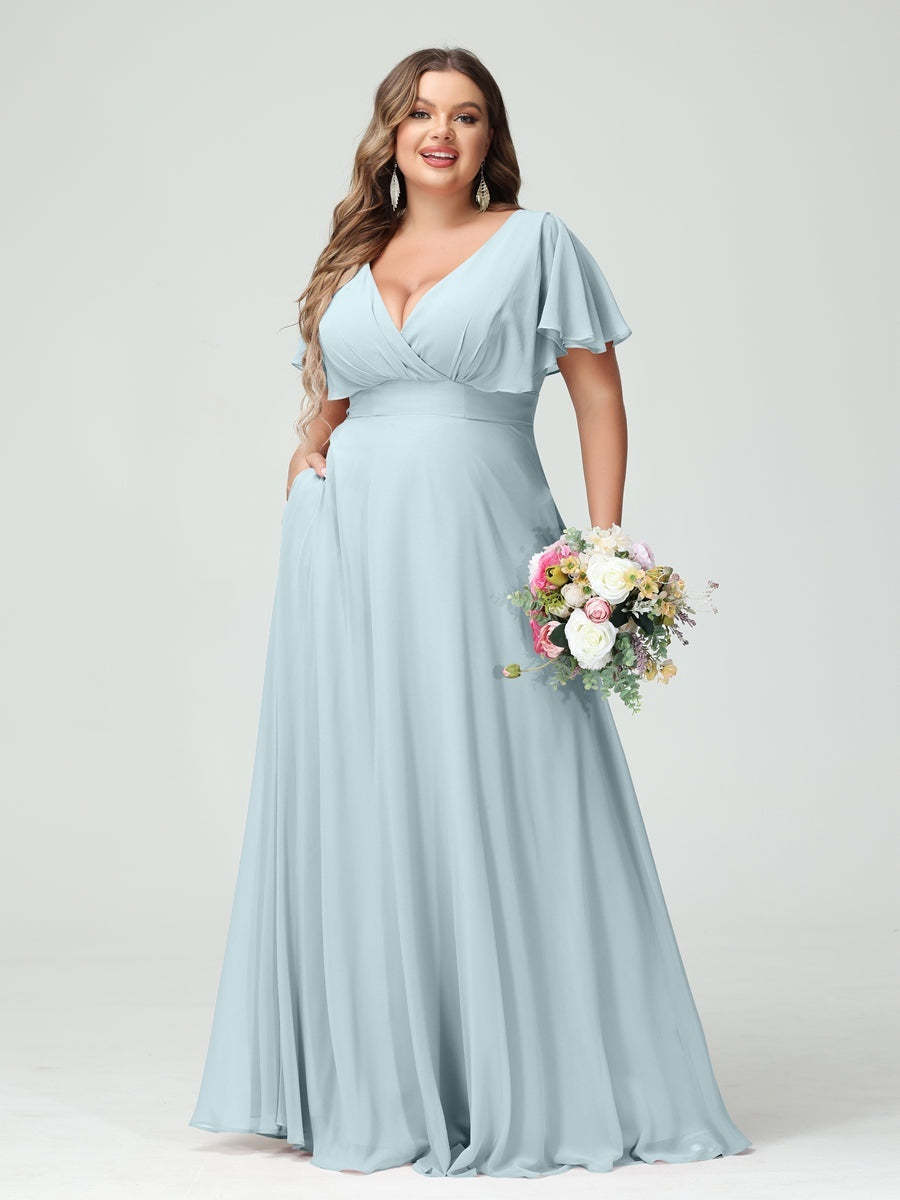 Plus Size Chiffon Bridesmaid Dresses with Pockets – A-Line/Princess V-Neck Short Sleeves