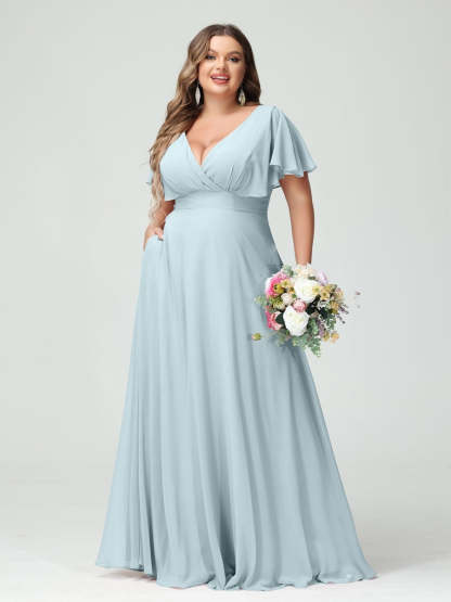 Plus Size Chiffon Bridesmaid Dresses with Pockets – A-Line/Princess V-Neck Short Sleeves