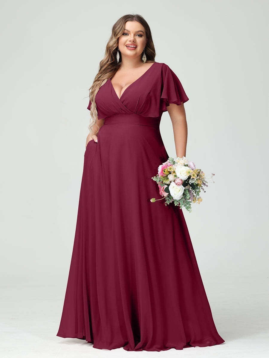Plus Size Chiffon Bridesmaid Dresses with Pockets – A-Line/Princess V-Neck Short Sleeves
