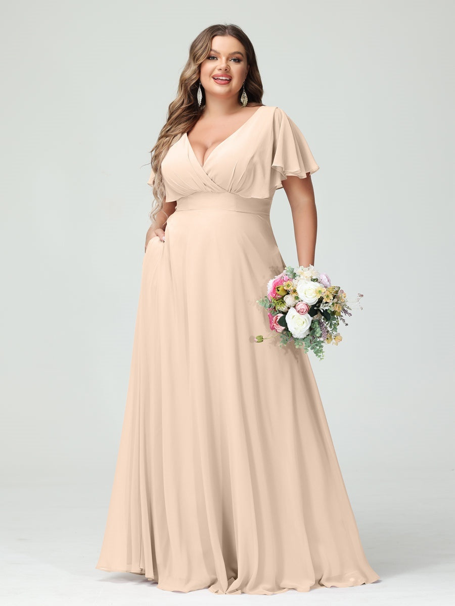 Plus Size Chiffon Bridesmaid Dresses with Pockets – A-Line/Princess V-Neck Short Sleeves