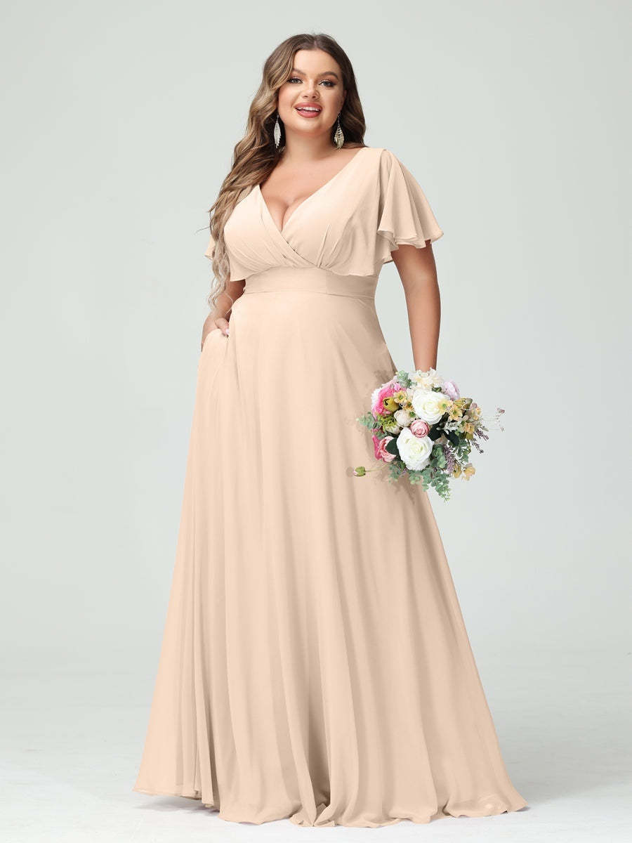 Plus Size Chiffon Bridesmaid Dresses with Pockets – A-Line/Princess V-Neck Short Sleeves