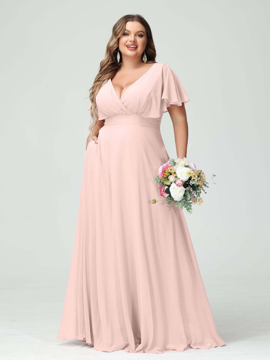 Plus Size Chiffon Bridesmaid Dresses with Pockets – A-Line/Princess V-Neck Short Sleeves