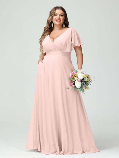 Plus Size Chiffon Bridesmaid Dresses with Pockets – A-Line/Princess V-Neck Short Sleeves
