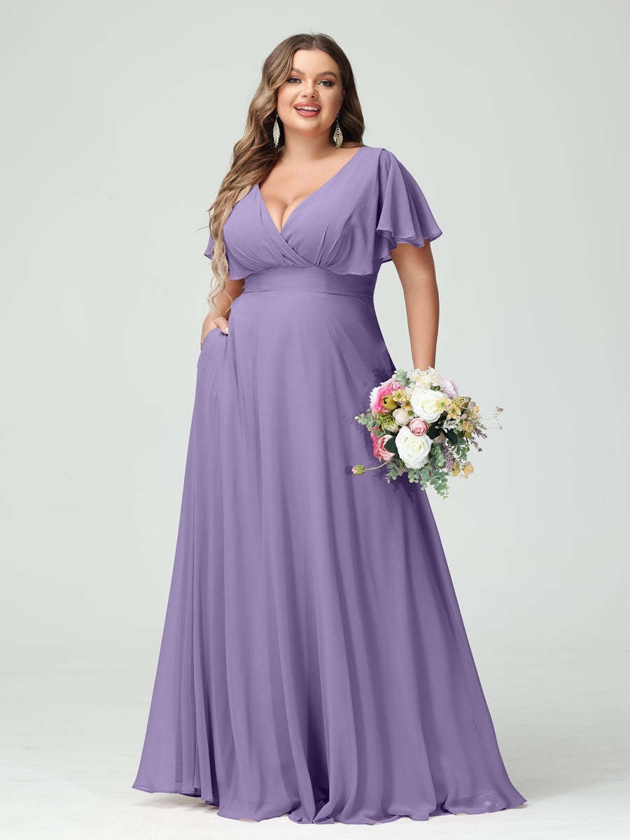 Plus Size Chiffon Bridesmaid Dresses with Pockets – A-Line/Princess V-Neck Short Sleeves