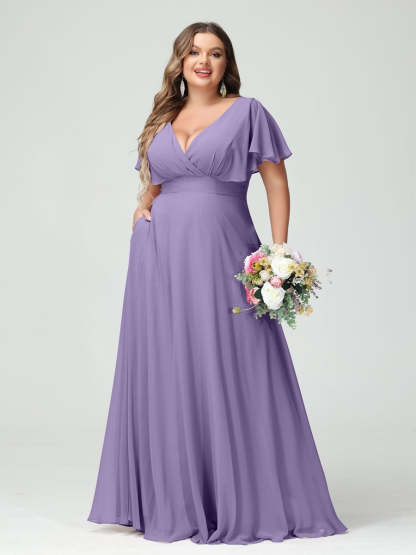 Plus Size Chiffon Bridesmaid Dresses with Pockets – A-Line/Princess V-Neck Short Sleeves