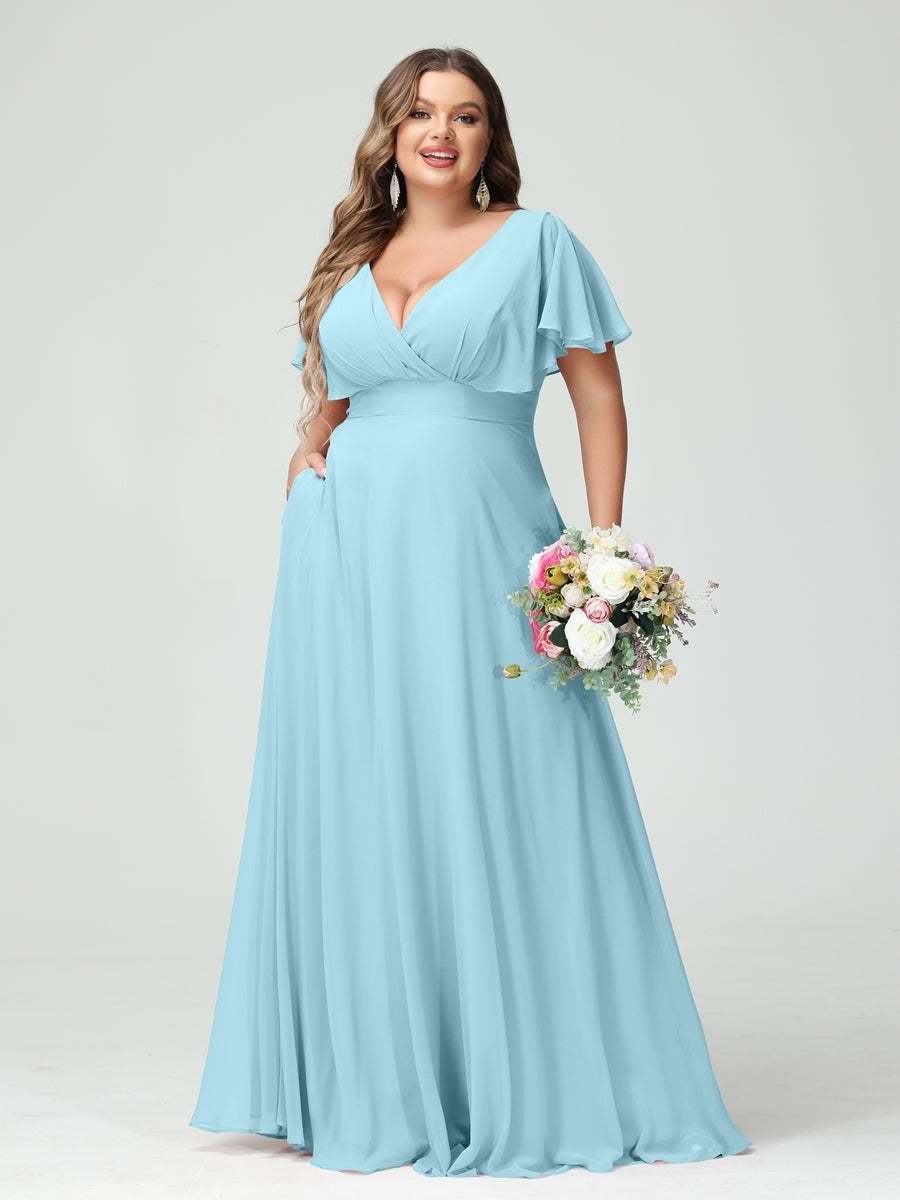 Plus Size Chiffon Bridesmaid Dresses with Pockets – A-Line/Princess V-Neck Short Sleeves
