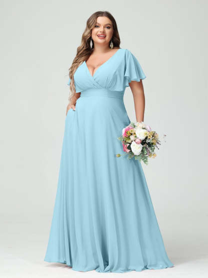 Plus Size Chiffon Bridesmaid Dresses with Pockets – A-Line/Princess V-Neck Short Sleeves