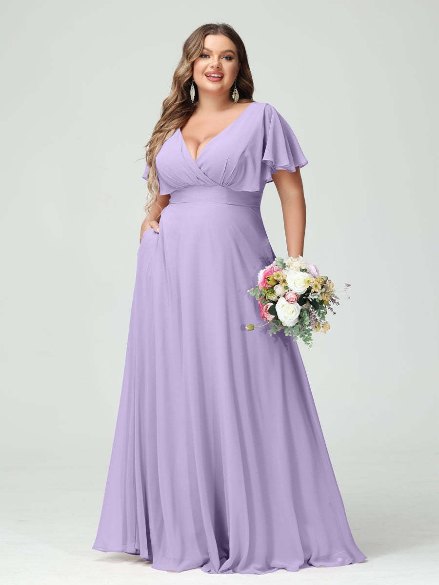 Plus Size Chiffon Bridesmaid Dresses with Pockets – A-Line/Princess V-Neck Short Sleeves